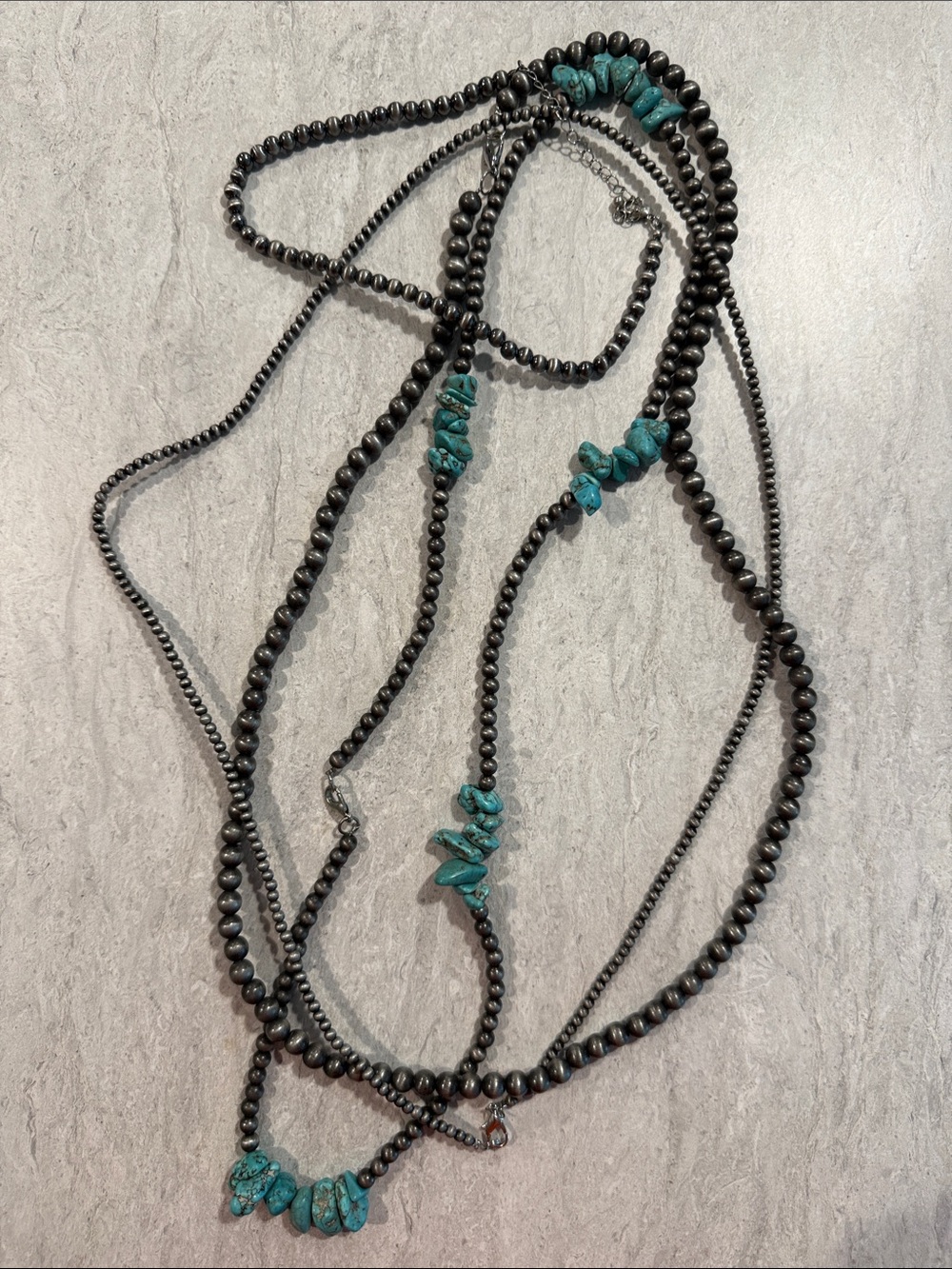Turquoise Chip and Hematite Bead Necklace Stack